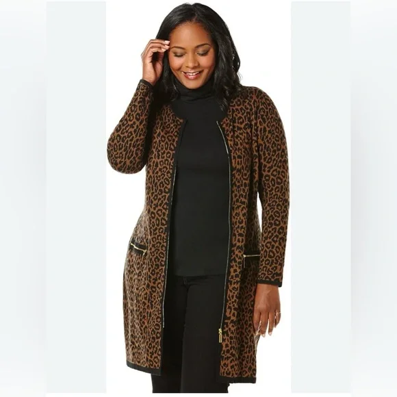 Rafaella Duster Dress Women's M Black & Brown Animal Print Leopard Zipper Knit - Picture 11 of 11